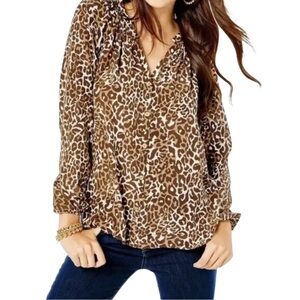 Lilly Pulitzer Saige Leopard Print 100% Silk Blouse
